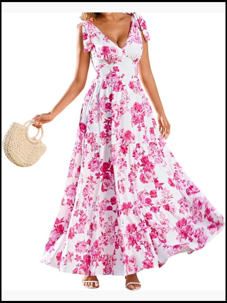Women's Floral Maxi Dress Tie Shoulder V Neck Boho Sundress